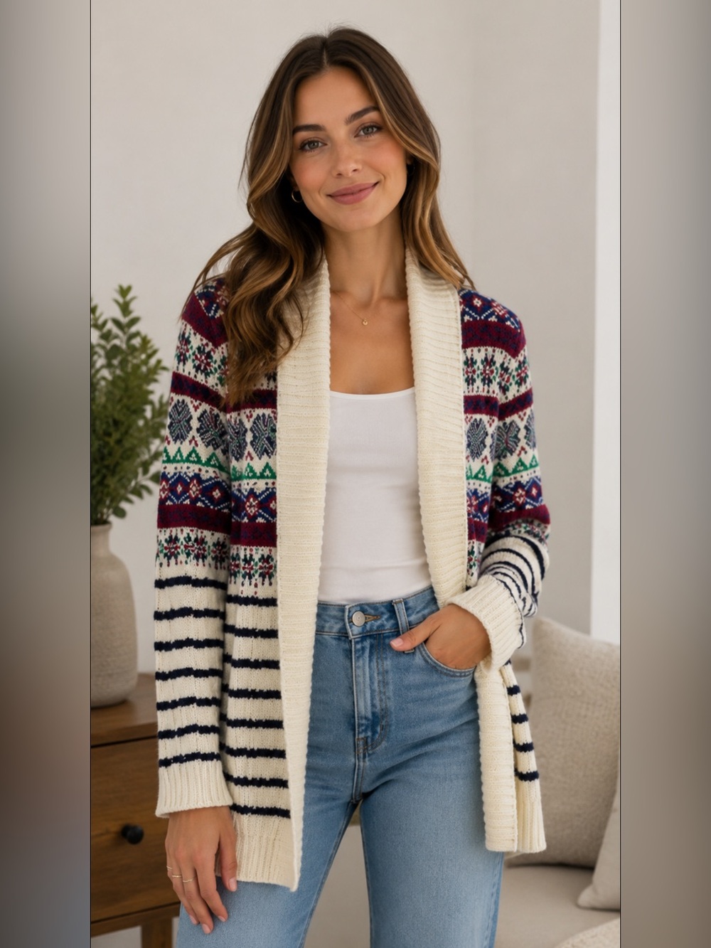 Talbots Cable Knit Open Front Cardigan Holiday 
Sweater Nordic Size LP